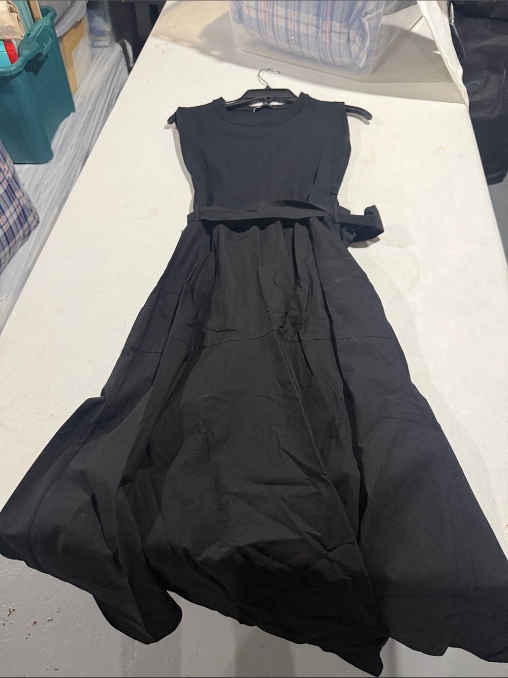 Zara Black Sleeveless Midi Dress with Waist Tie